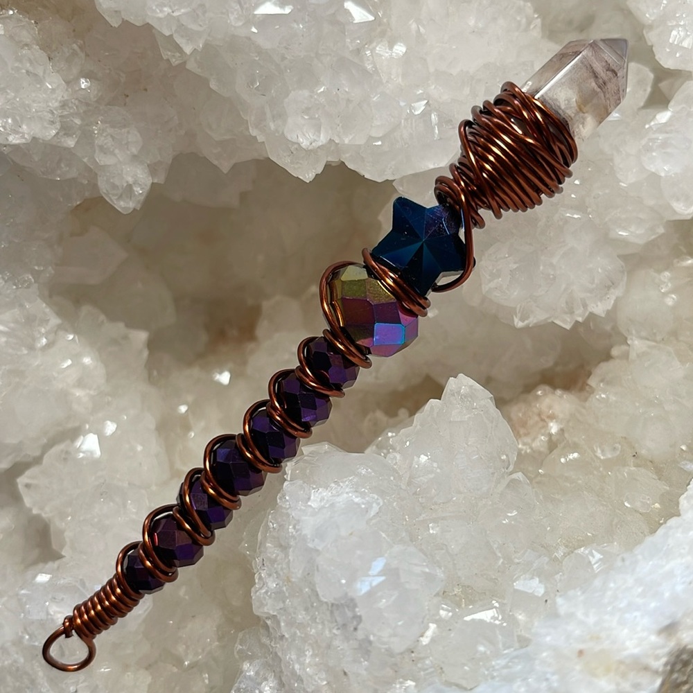 Handmade Glass Beaded & Golden Healer Crystal point magical wand 🪄